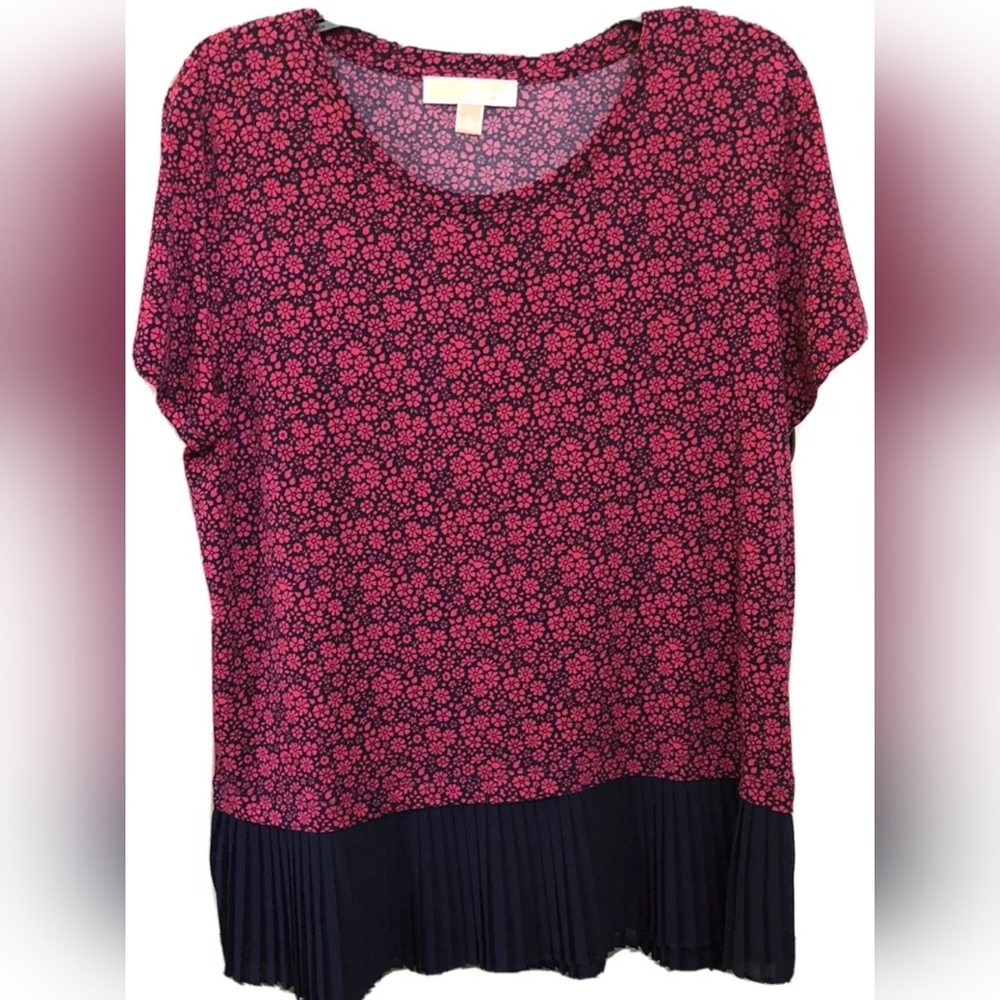 Michael Kors Pink/Navy Pleated Hemline Blouse size Large